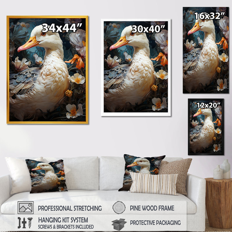 «White Duck Feathered Floral Elegance», art mural animal canard, Toile tendue, H 32 po x l 16 po