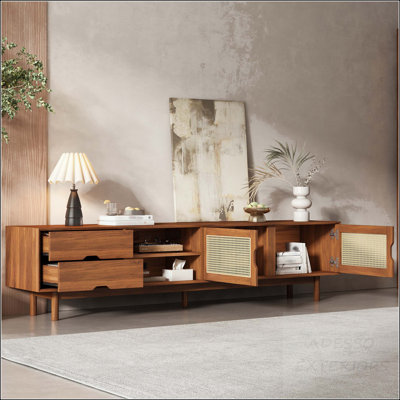 78.7" Rattan TV Stand with Solid Wood Legs