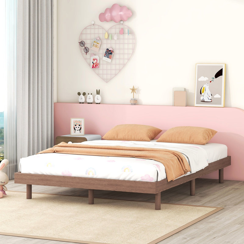 Base de lit plateforme flottante de conception moderne pour couleur blanc délavé, Lit double, Brun