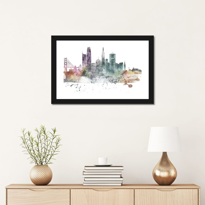 San Francisco Pastel Skylines - impression d'art graphique, H 16 po x l 24 po x P 1 po, Papier encadré noir, Blanc