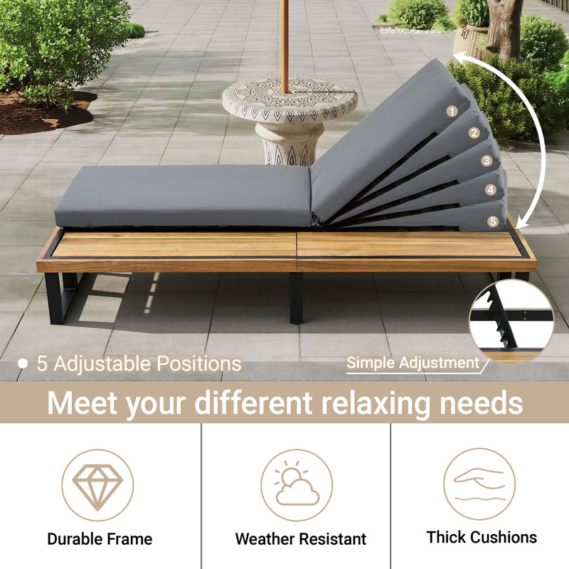 5-Position Adjustable Outdoor Chaise Lounge with Side Table & Cushion, Patio Poolside Recliner, Gray