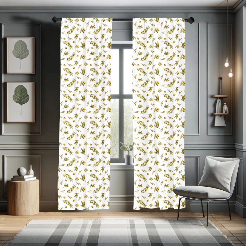 Green and Yellow Leaf Print Light Filtering Rod Pocket Curtains