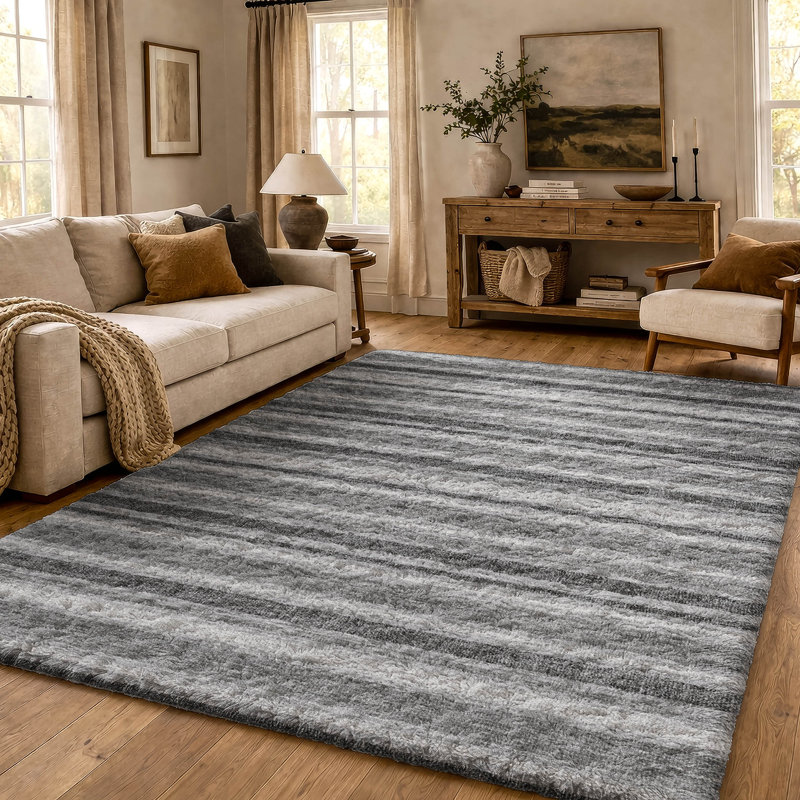 Premium Machine Washable Dream Shag ADS531 Striped Rug, Silver, 3' x 5'