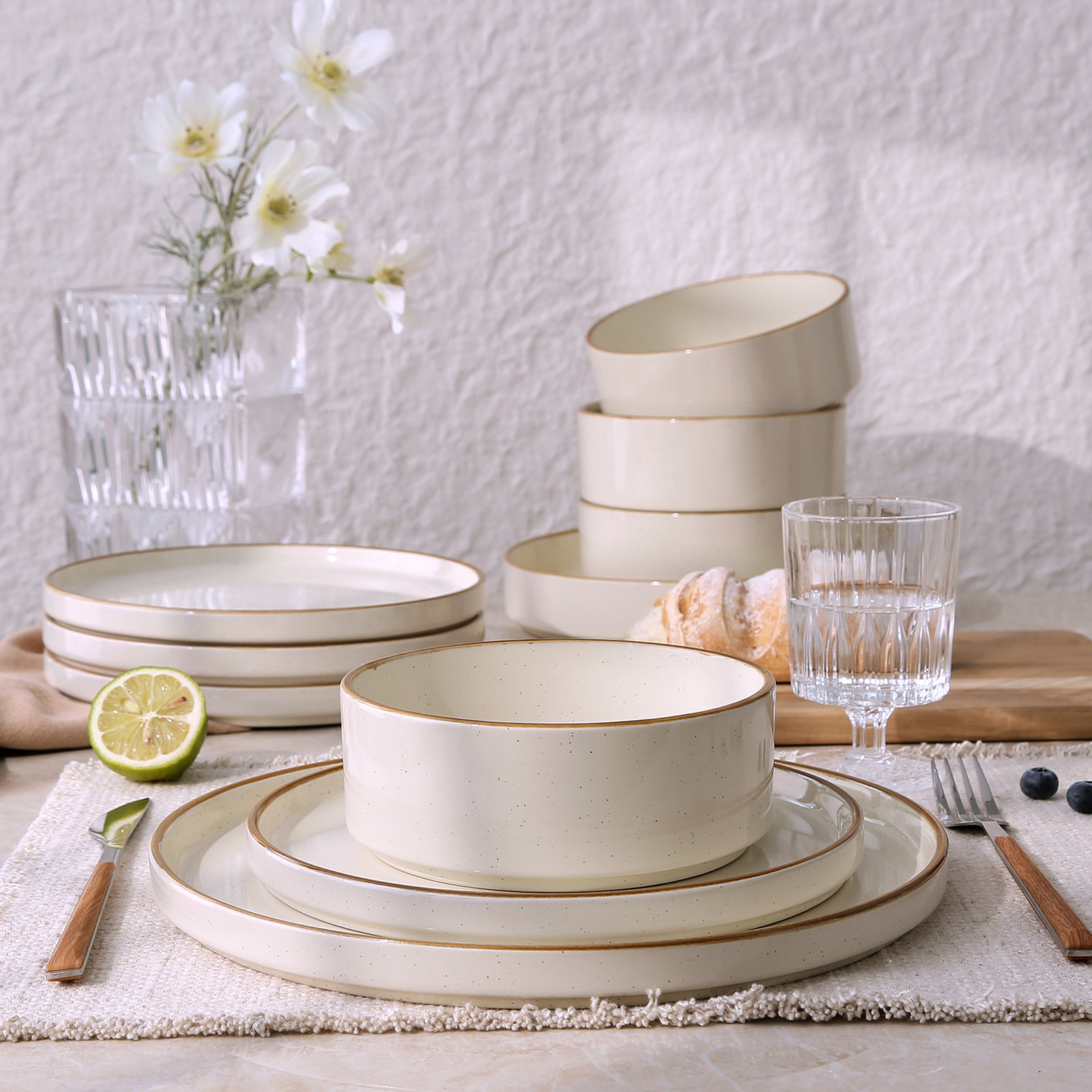 Stoneware Dinnerware Set, Vanilla White with Brown Rim