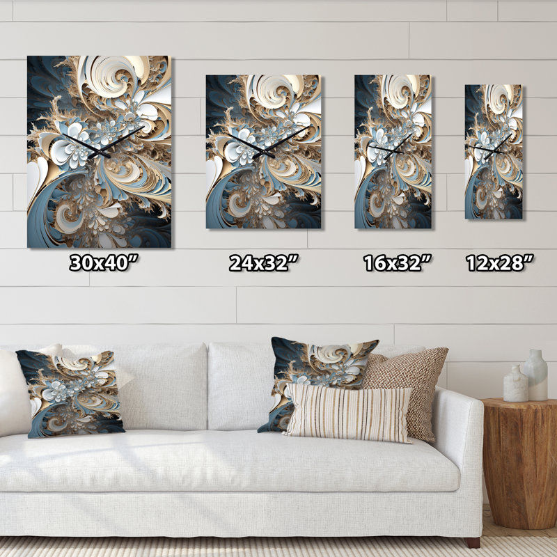 Horloge murale moderne «Blossoming Fractal Flower In Blue I - Fractals», Très grand