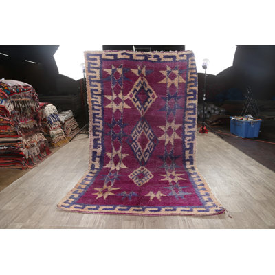 Tapis décoratif en laine de conception unique 6 pi x 10 pi 7 po noué à la main 1970/bleu/brun