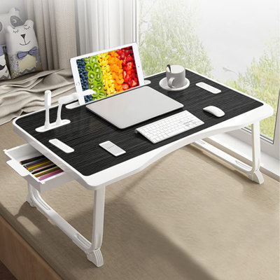 Bureau d'ordinateur portable pour lit, bureau de lit d'ordinateur portable pliable avec port de charge USB, poignée, fente pour carte de bureau, fente pour tasse, tiroir latéral