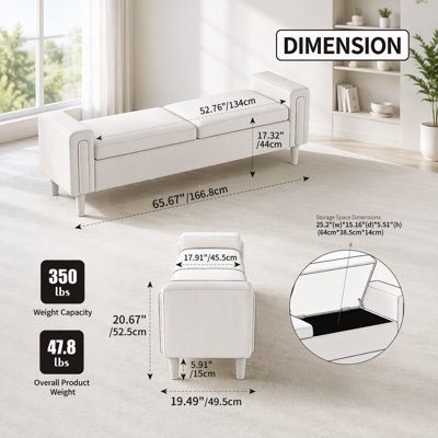 Banc de rangement rembourré avec couvercles doubles et accoudoirs