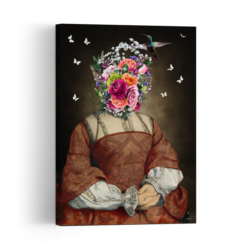 Elegant Floral Head Portrait Abstract Surreal Contemporary Butterfly Dragonfly Flower Nature Wall Art Print 1 Piece Wrapped Canvas Wall Art