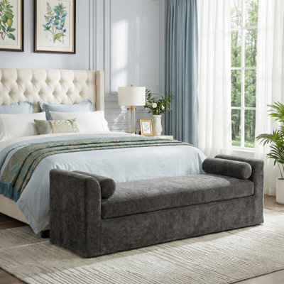 Modern Chenille Bench With Armrests And Two Pillows