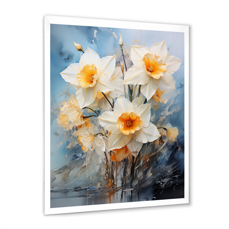 «Soft Neutrals Grey White Daffodils Bloom», reproduction sur toile, H 40 po x l 30 po x P 1,5 po, Cadre simple blanc