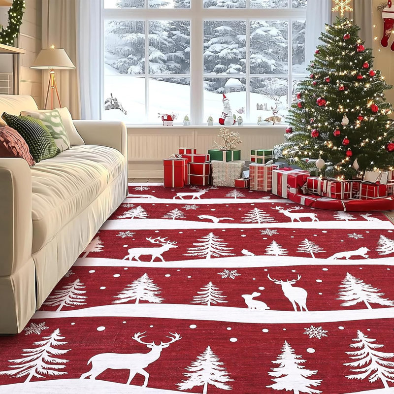 8x10 Christmas Area Rug with Tree Reindeer Snowflake, Washable Non Slip Rug, Red, Red, Rectangle 8' x 10'