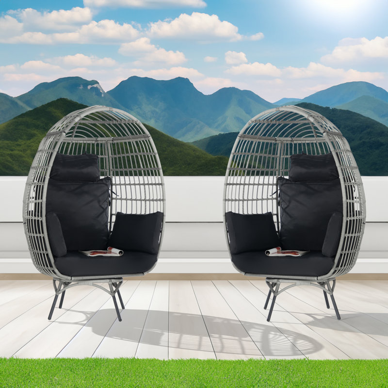 Fauteuil œuf de jardin pivotant en osier, Gris, Noir