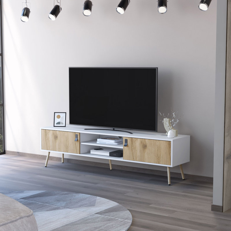 Meuble télé, rangement spacieux avec 2 tiroirs à charnières et tablettes ouvertes