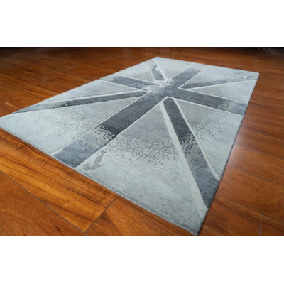 Hand Knotted Wool Rug 3'x5' | Modern Union Jack Flag Rug | Grey Charcoal Distressed Area Rug | Harrow Style Small Accent Rug
