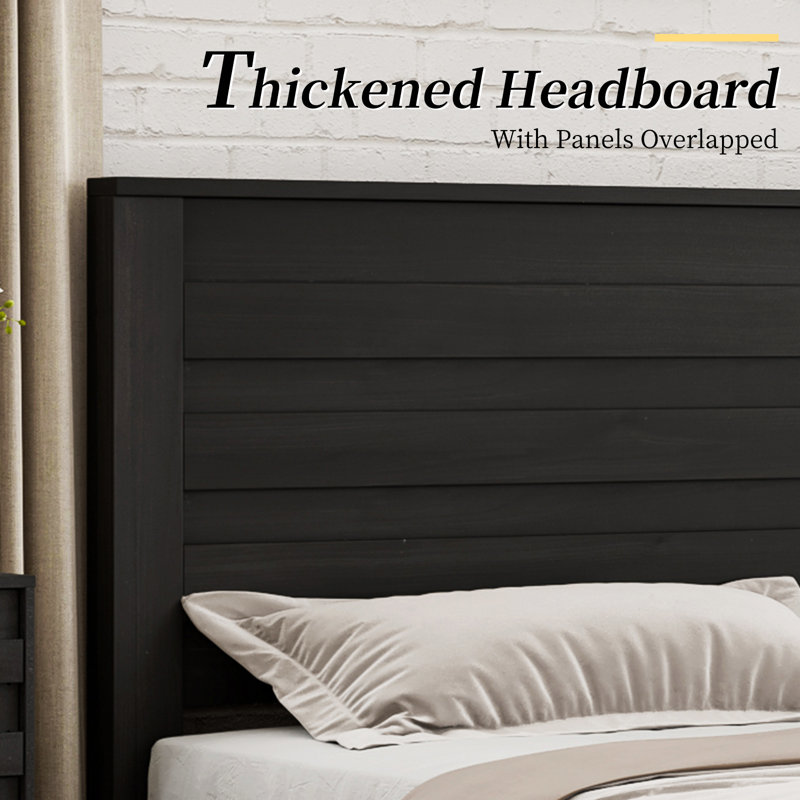 Full Black Metal Frame Bed with Wood Headboard and Slats