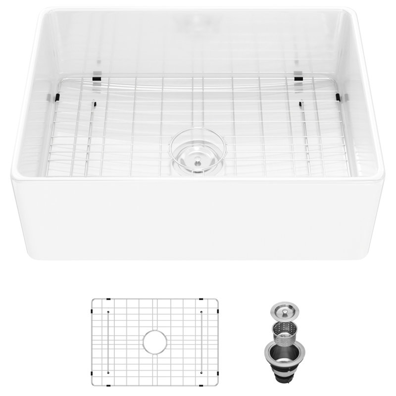 28 po, blanc, céramique, cuve simple, évier pour la cuisine, ensemble de drain, grille inférieure, crépine, décoloration, évier de cuisine facile à nettoyer, puce thermique