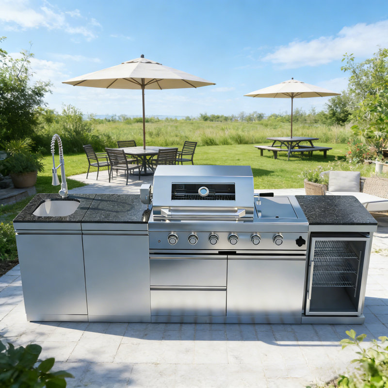 Îlot de barbecue au propane à 4 brûleurs de 104 po avec brûleur latéral, rôtissoire, réfrigérateur et évier pour l'extérieur en acier inoxydable
