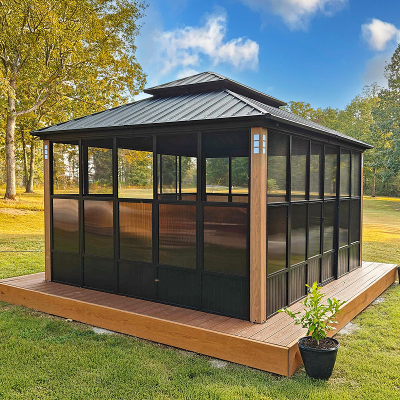 Pavillons de jardin d'extérieur en aluminium à grain de bois PURPLE LEAF, 12 pi x 14 pi, Véranda