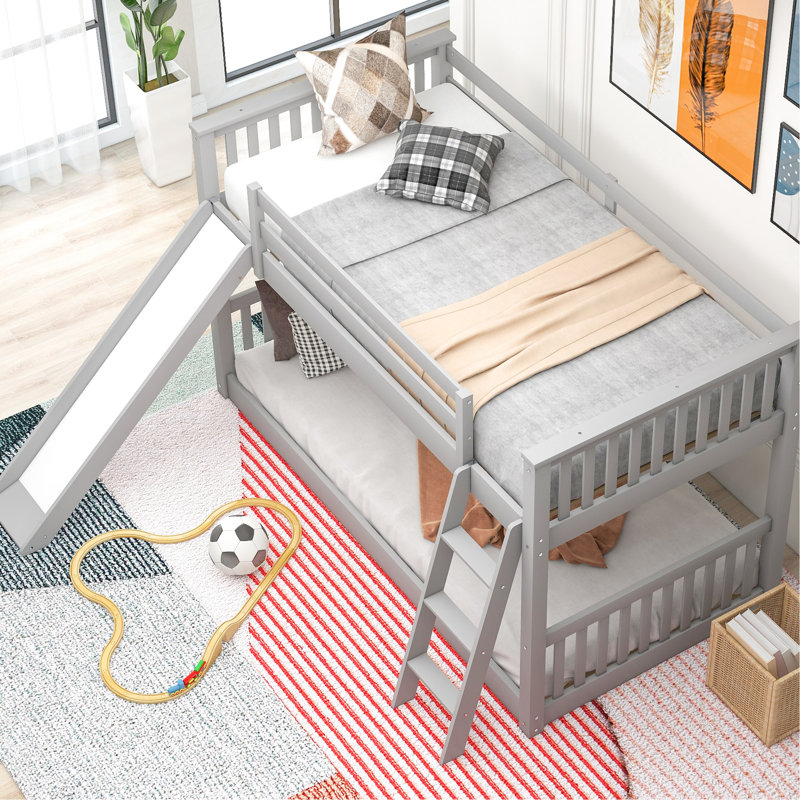 Lit superposé simple gris avec glissière convertible et solution peu encombrante, structure en bois de pin, assemblage facile, garde-corps pleine longueur pour lit simple / simple, petits espaces simples et bas, famille sécuritaire