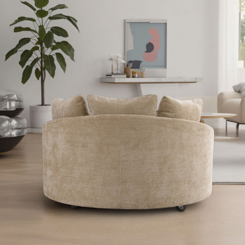 59.5" W Oversized Slipcovered Upholstered Accent Barrel Chair With Casters, Wheat