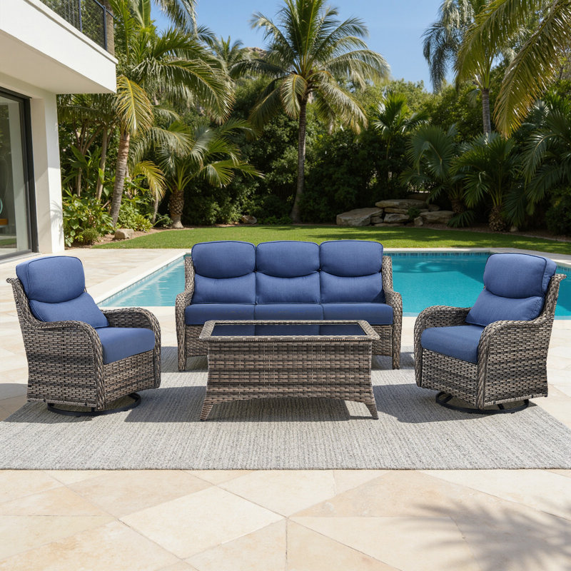 5 - Person Handwoven Wicker Patio Conversation Set With Swivel Glider Chairs, 5" Olefin Cushions, Gray, Blue