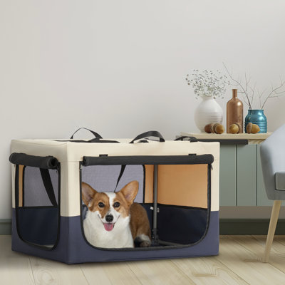 3 Door Portable Pet Crate, Fabric, Adjustable Cover, Foldable And , White Blue Soft Dog Kennel For All Seasons, Door, Strong, +
