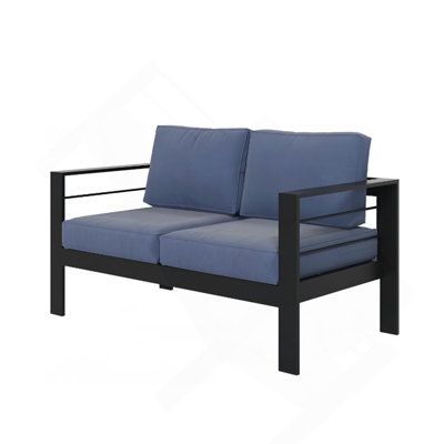 50" All-Weather Aluminum Patio Loveseat With Thick Blue Cushions & Black Frame