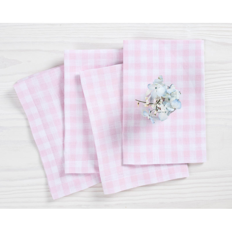 Gingham Check - 100% Pure Linen Dinner Napkins, Marshmellow Pink