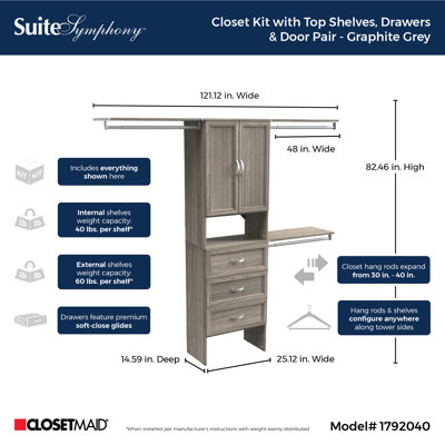 Système d'organisation pour garde-robe avec tiroirs et portes l 84 po à l 120 po SuiteSymphony