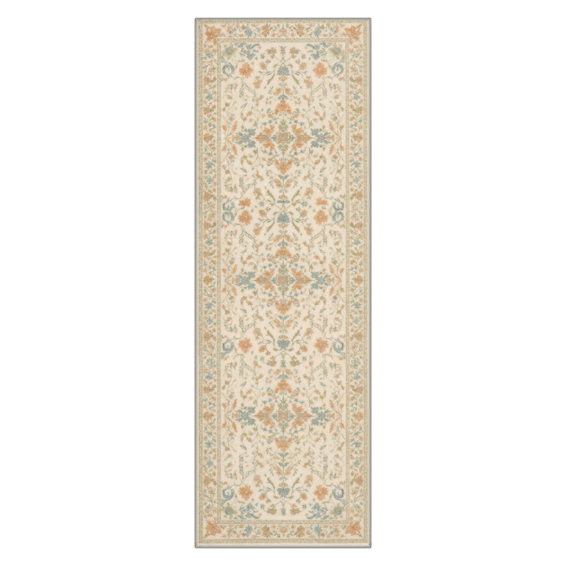 Floral Machine Washable Beige/Orange/Teal Indoor Area Rug With Non-Slip Backing, Runner 2' x 6'