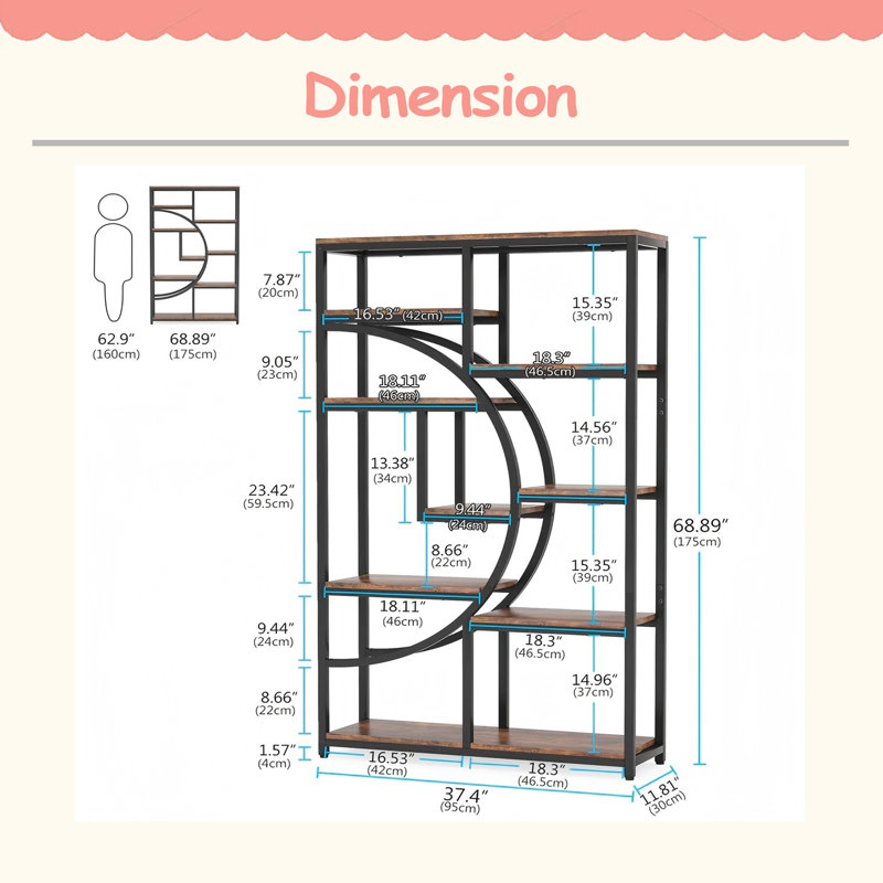 Geometric Design Display Shelf,Spacious Bookcase,Freestanding Bookshelf, Rustic Brown