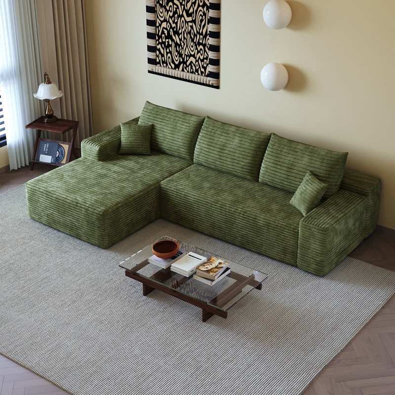 Canapé modulaire 107 po avec méridienne en L 107 po, canapé modulaire moderne avec assise profonde, canapé rembourré pour la chambre à coucher du salon, aucun assemblage requis, (tissu en velours côtelé moelleux), vert