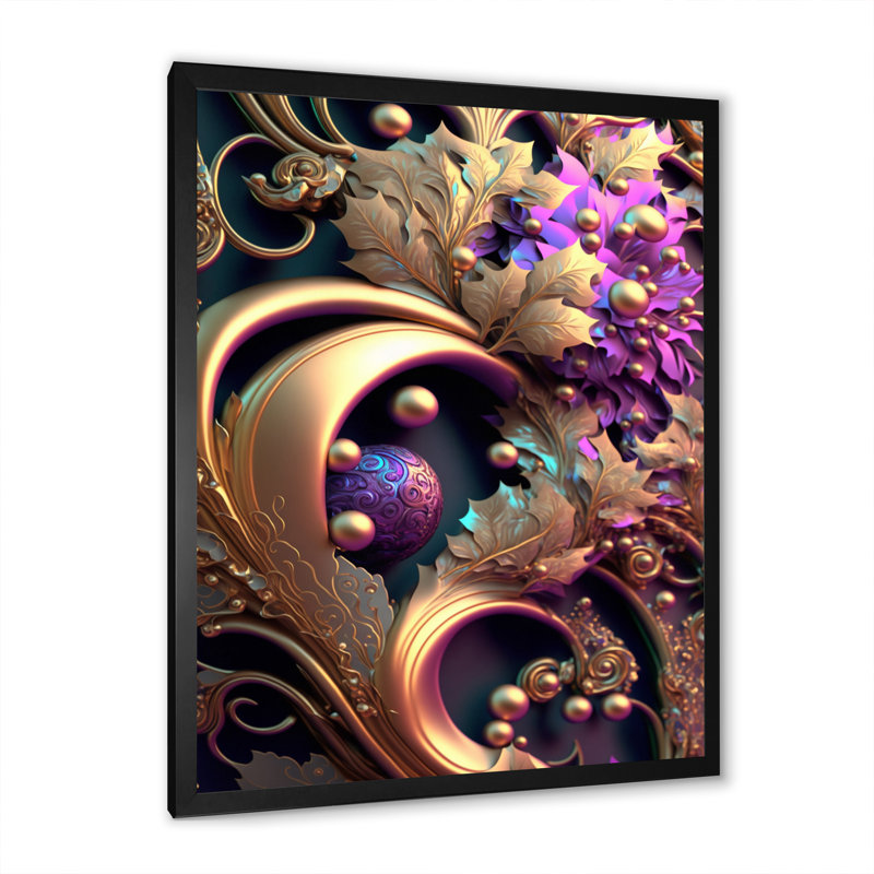 Fleurs abstraites ornées en mauve et or II - reproduction sur toile, L 12 po x H 20 po, Cadre photo noir