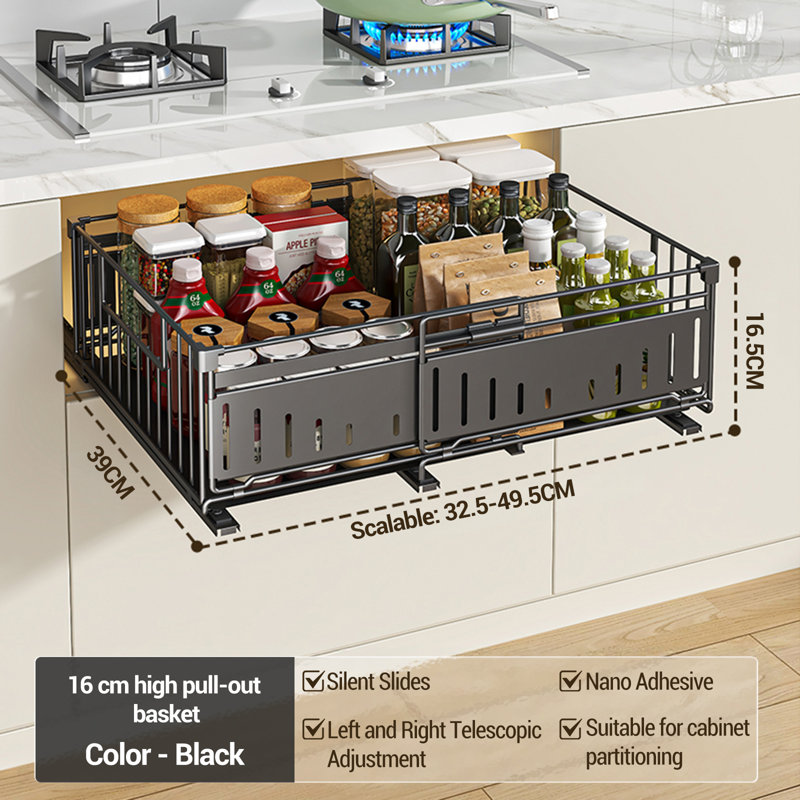 Expandable Pull-Out Kitchen Cabinet Organizer – Silent Sliding Steel Shelf – No Drilling, Durable Storage Rack for Cupboards, Pantry & Under basin – 1 Piece