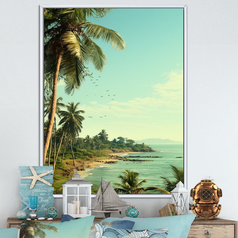 Coastal Vintage Tropical Coastline - Art mural côtier tropical, Cadre photo blanc, H 40 po x l 30 po
