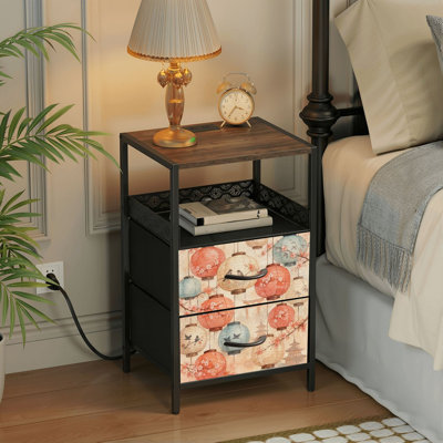  24.2" 2 - Drawer Nightstand Japanese Lanterns Cherry Blossoms Birds Watercolor Soft Pastel Tones Side Table with Charging Station Iron Frame Bedside Table