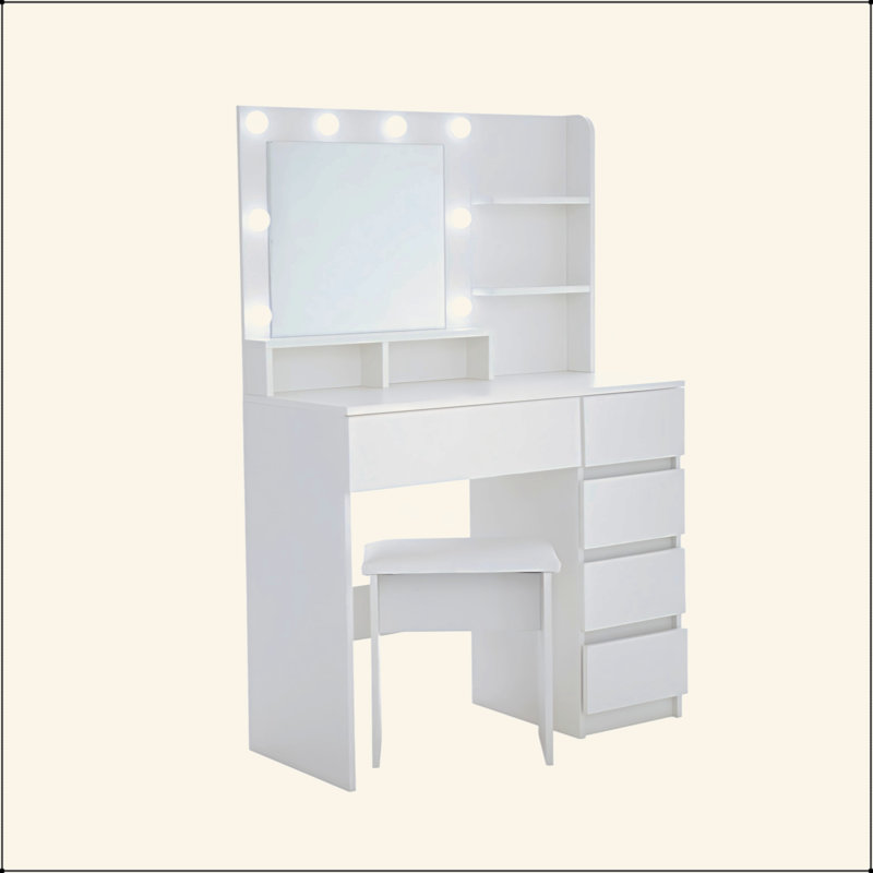 Vanity, Makeup Vanity Desk Set With Mirror & Light, Dressing Table Storage Lots With Power Strip, 3 Lighting Modes With Adjustable Brightness, 37 Inches  (White With Stool)