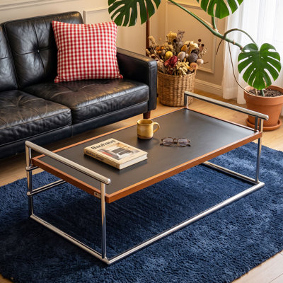 48.4" Convertible Height-Adjustable Coffee Table to Work Desk, Chrome Tubular Frame - Black/Walnut