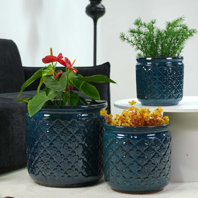 Ensemble de pots de fleurs en céramique fait à la main de 3, 15/12/9 pouces de diamètre, bleu marine avec motif géométrique, pour orchidées d'intérieur / extérieur sur le rebord de la fenêtre et de la bibliothèque, argile respirante