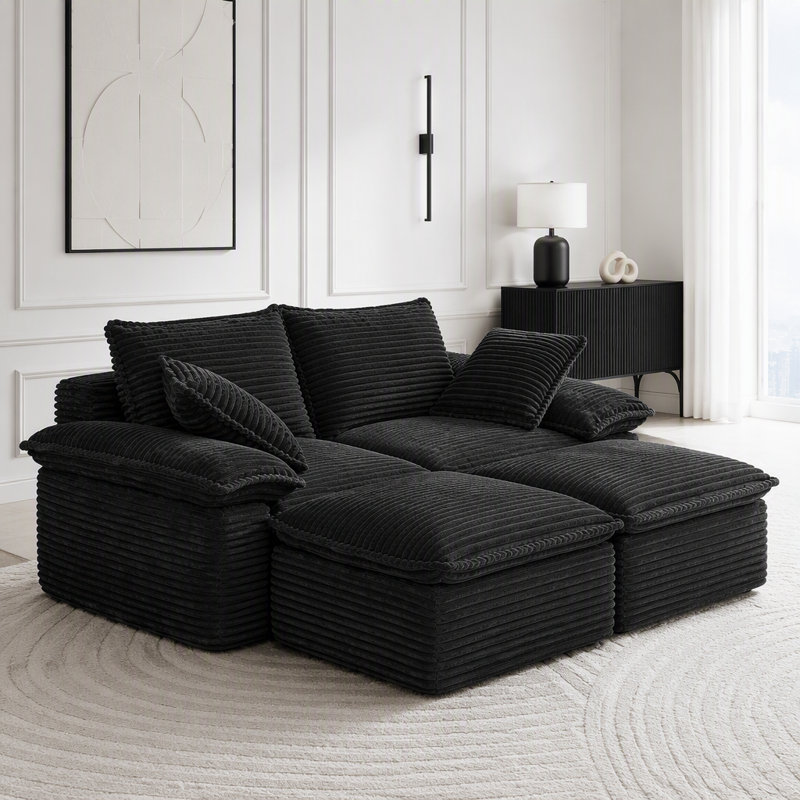 Upholstered 63.39 " Fabric Sofa & Chaise, Tissu noir