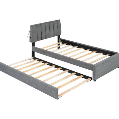 Twin Size Grey Upholstered Platform Bed With Trundle - Enjoy A Relaxing Bedroom Atmosphere For In Grey, Modern Style