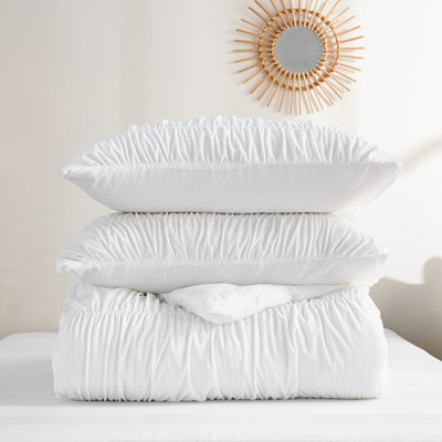 Velvet Wrinkled White Comforter Set King Size,White Ruched Bedding 3 Pcs,Boho Bedding Comforter,Luxury Ruffled Velvet Bedding Sets,Ruffle Fluffy Comforter Bed Set