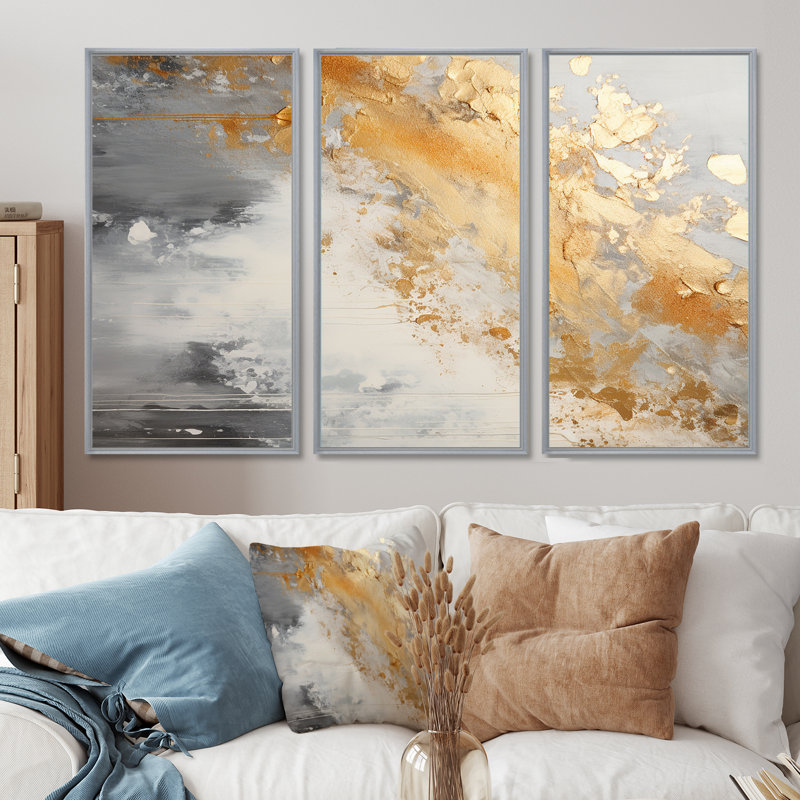 Soleil brisant à travers les nuages - ensemble d'art mural abstrait, Encadrement argenté, H 40 po x l 60 po x P 1 po