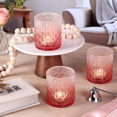 6 Pcs Pink Gradient Votive Candle Holders Glass Tea Light Candles Holder Rose Pink Ombre, Large Candle Holders for Bridal Shower, Wedding Table Centerpiece, Birthday Party Home Decor