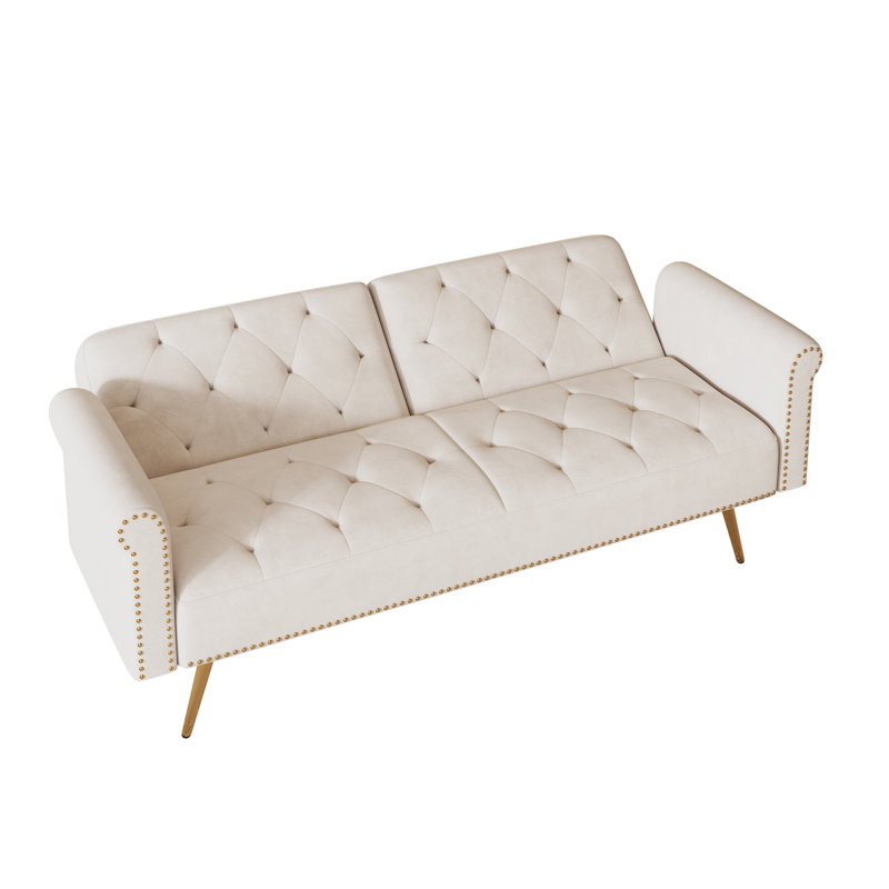 Canapé-lit moderne avec garniture cloutée et coussin décoratif assorti, Beige