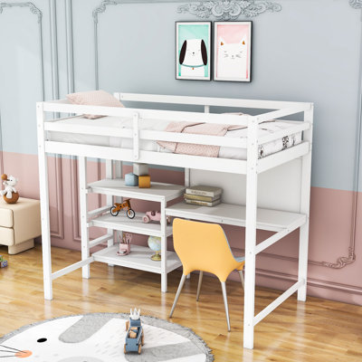 Kids Twin Size Wood Loft Bed with Shelves, Desk and Writing Board