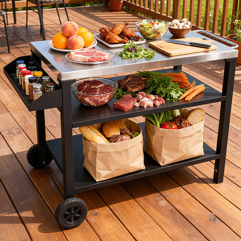 Chariot de barbecue extérieur à 3 roulettes avec plateau en acier inoxydable et tablette latérale, table de préparation barbecue mobile pour la cour arrière, conception de conception noire, cuisson de rangement améliorée, stabilité de mouvement en douceur,