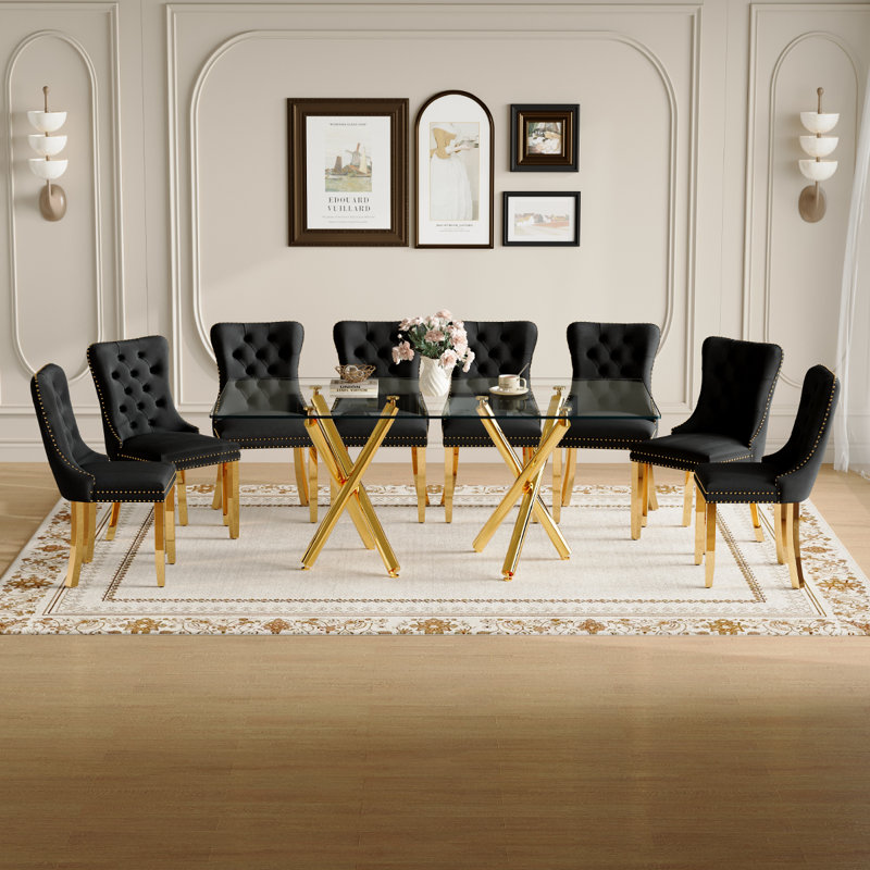 71" Dining Table Set, Modern Dining Table Set With Tempered Glass Tabletop, Velvet Chairs & Gold Metal Legs, Black/Gold