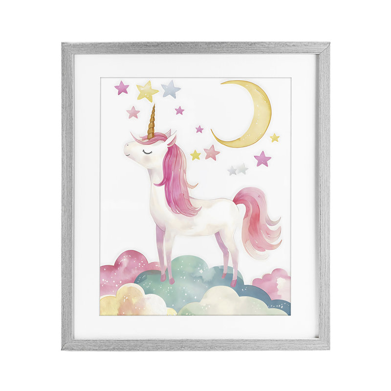 Licorne debout sur des nuages, reproduction encadrée sous verre, design by Creative Studio, Cadre de ferme gris